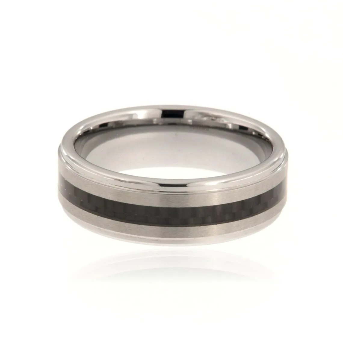 7mm Tungsten Carbide Men's Ring With Black Carbon Fiber Inlay, Brush Finish And High Polish Step Edge - FREE Personalization