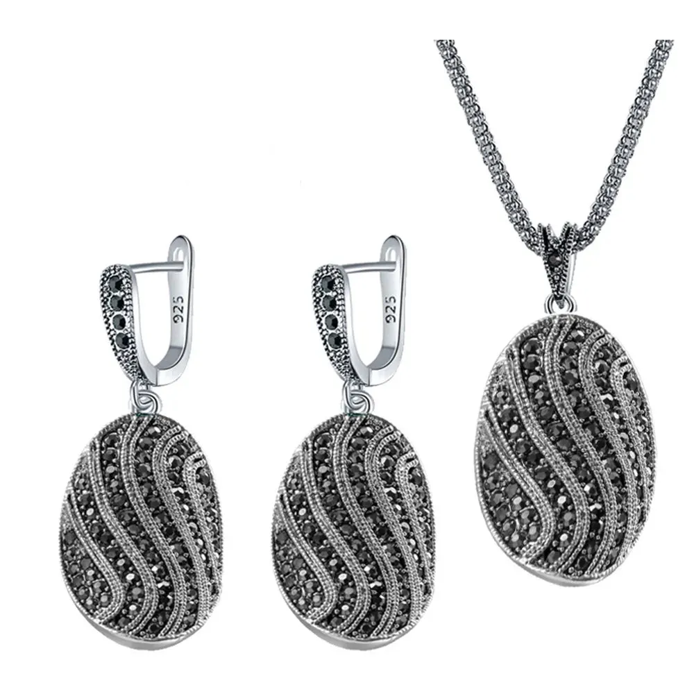 Ajojewel S-shaped Vintage Ladies Jewelry Necklaces And Earring Set Full Rhinestone Black Ring Retro Items Collection