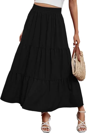 Arolina Maxi Skirt for Women Summer Boho Elastic High Waist Pleated A-Line Flowy Ruffle Swing Tiered Long Beach Skirt Dress