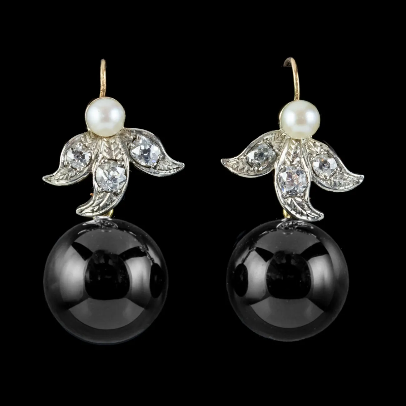 Art Deco Style Onyx Diamond Pearl Earrings 18ct Gold Platinum