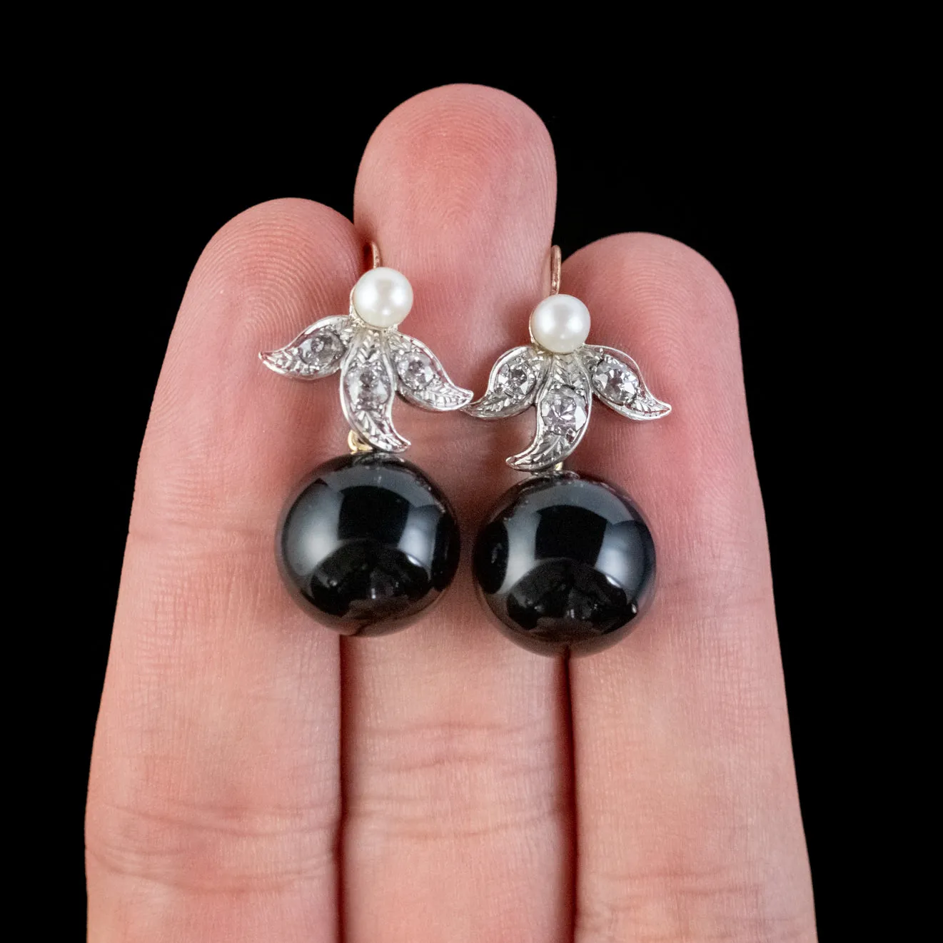 Art Deco Style Onyx Diamond Pearl Earrings 18ct Gold Platinum