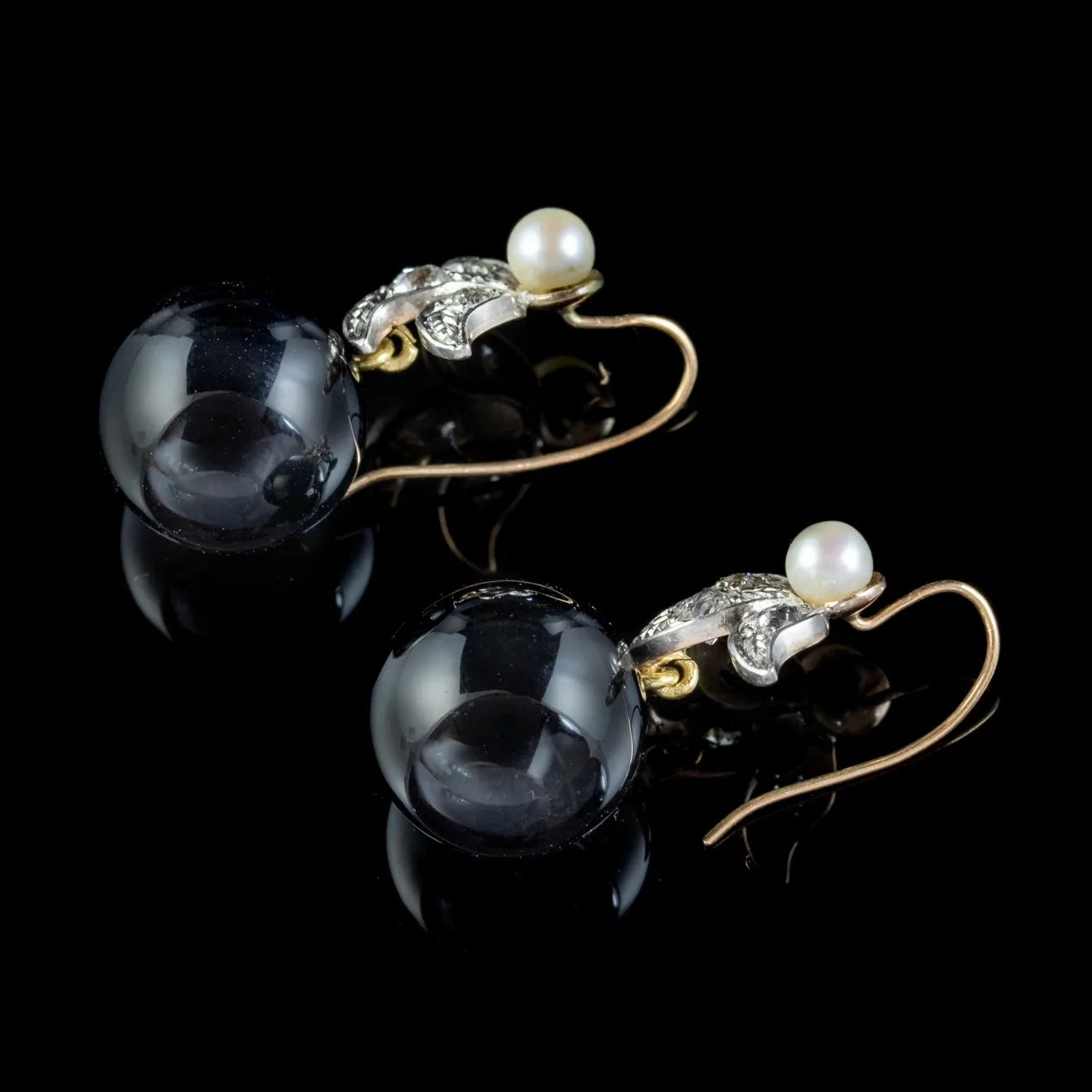 Art Deco Style Onyx Diamond Pearl Earrings 18ct Gold Platinum