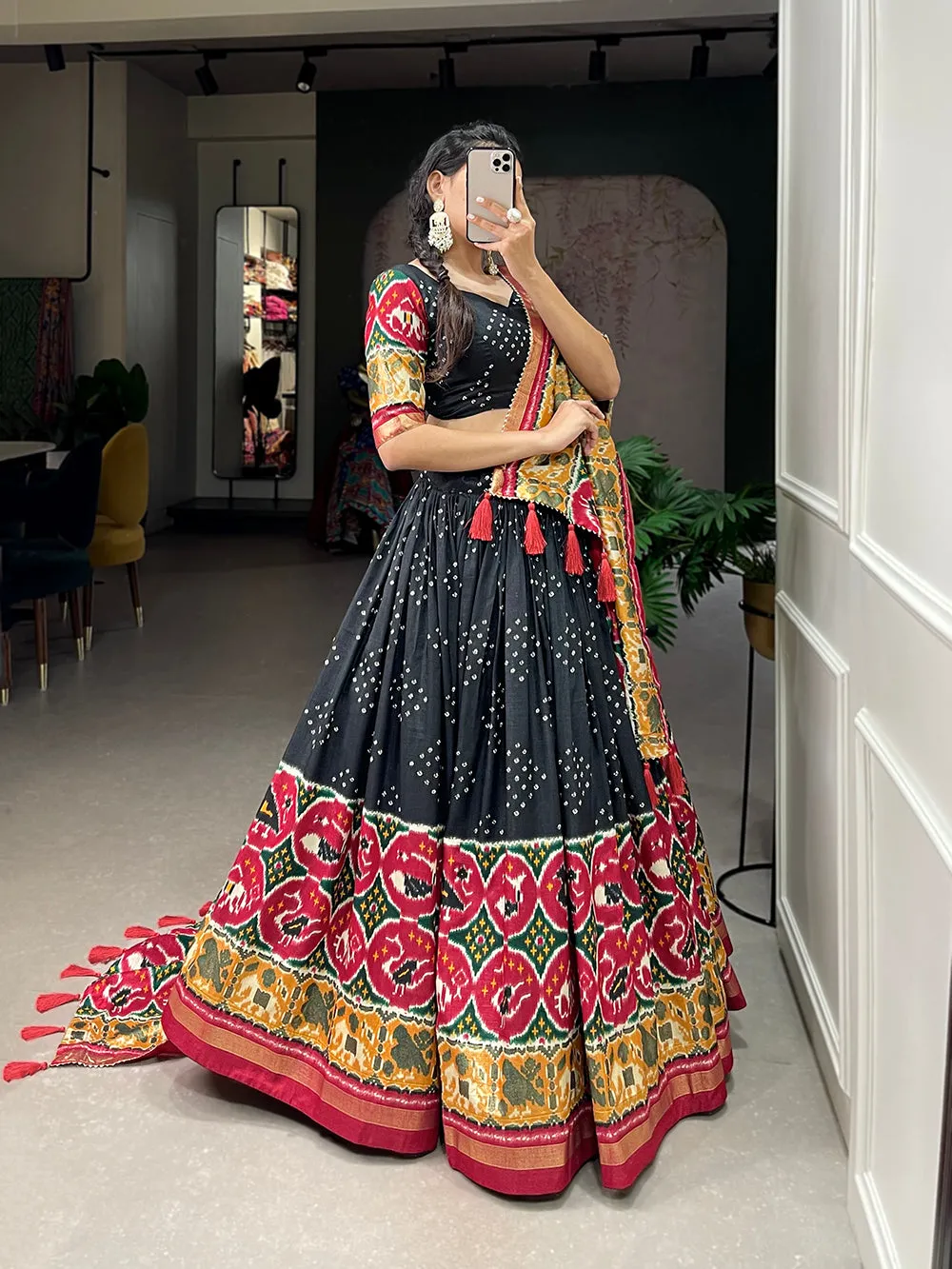 Black Color Patola Print With Foil Work Tussar Silk Lehenga Choli