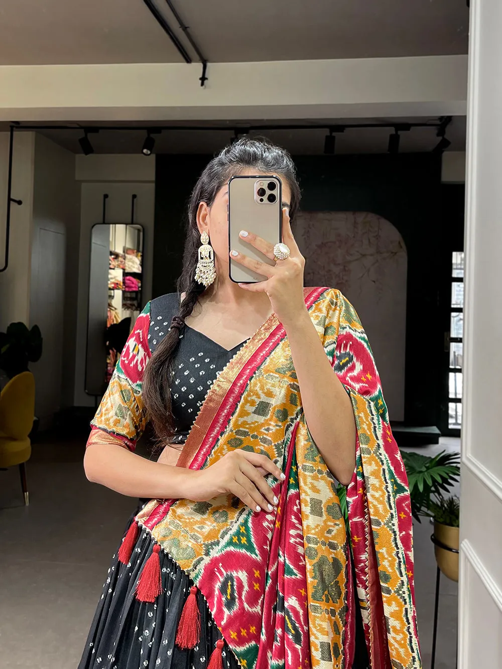 Black Color Patola Print With Foil Work Tussar Silk Lehenga Choli