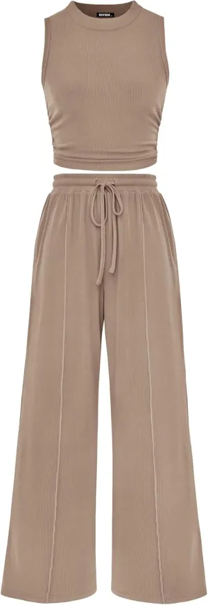 BTFBM Women Summer 2 Piece Outfits 2025 Beach Crew Neck Sleeveless Cropped Top Elastic Waist Wide Leg Pants Lounge Set