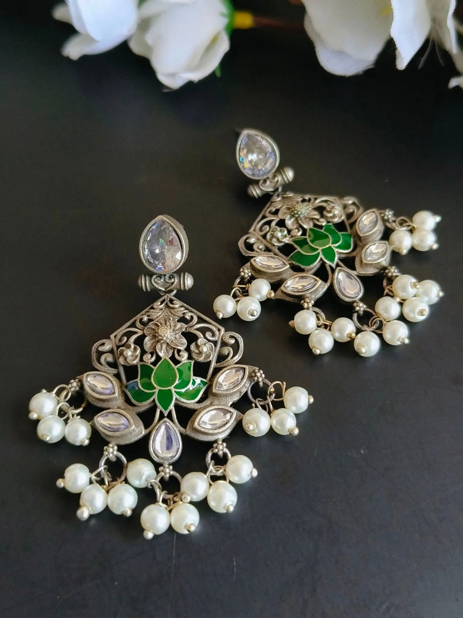 Clustered Pearl Oxidised Silver Earrings | Sarichka