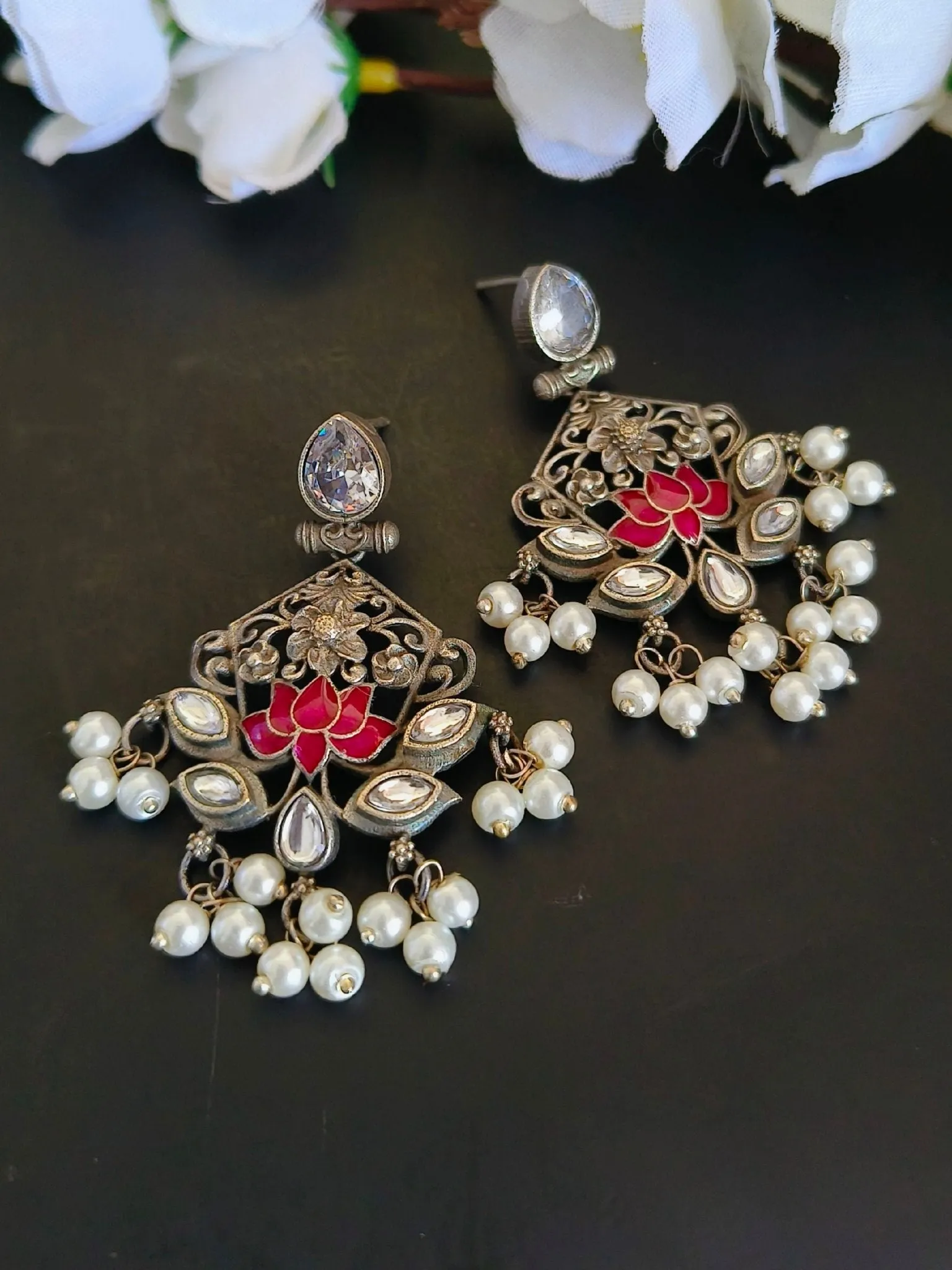 Clustered Pearl Oxidised Silver Earrings | Sarichka