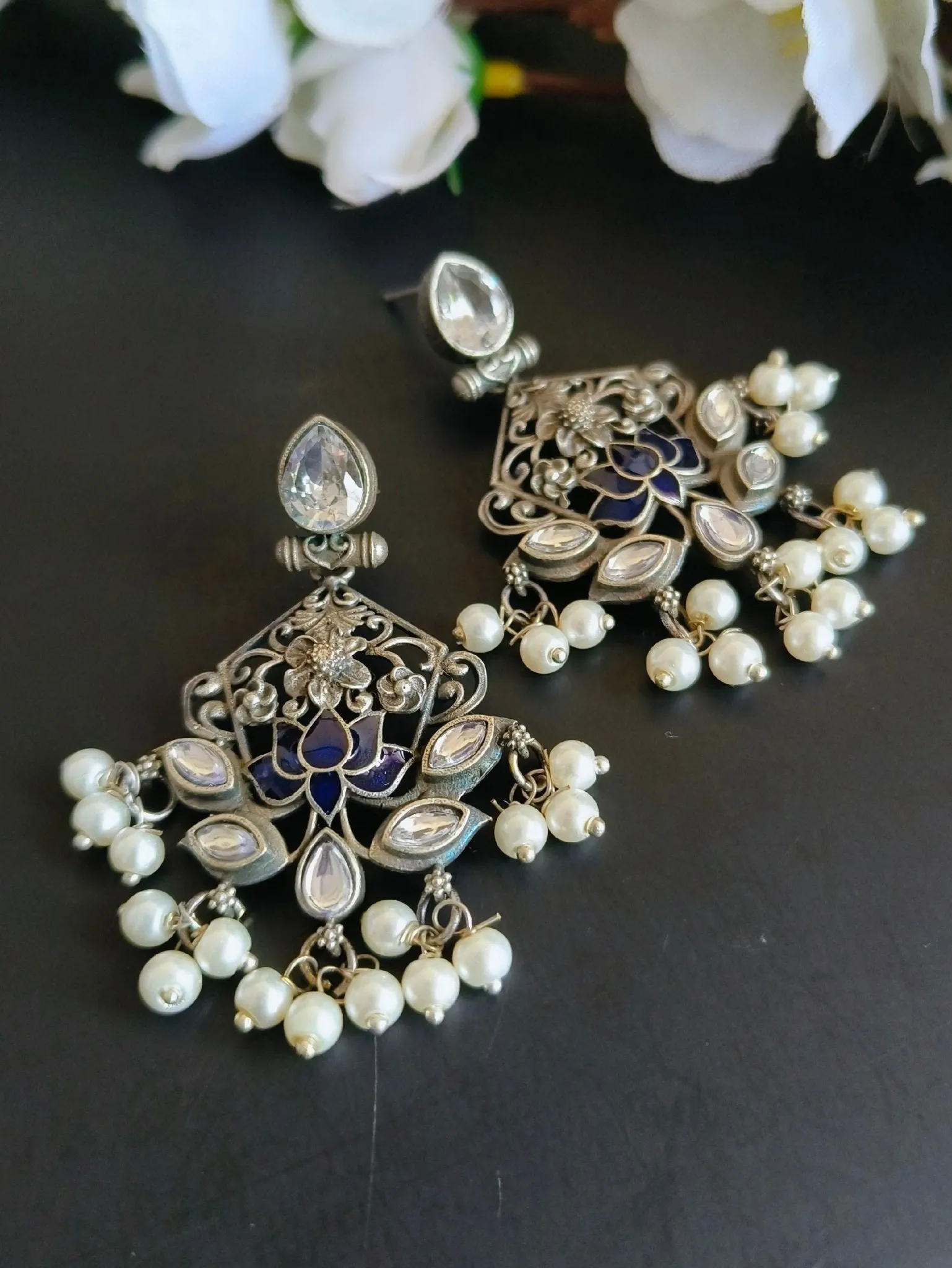Clustered Pearl Oxidised Silver Earrings | Sarichka