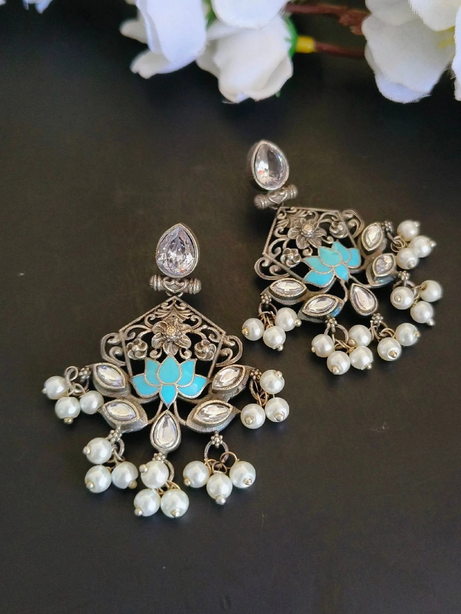 Clustered Pearl Oxidised Silver Earrings | Sarichka