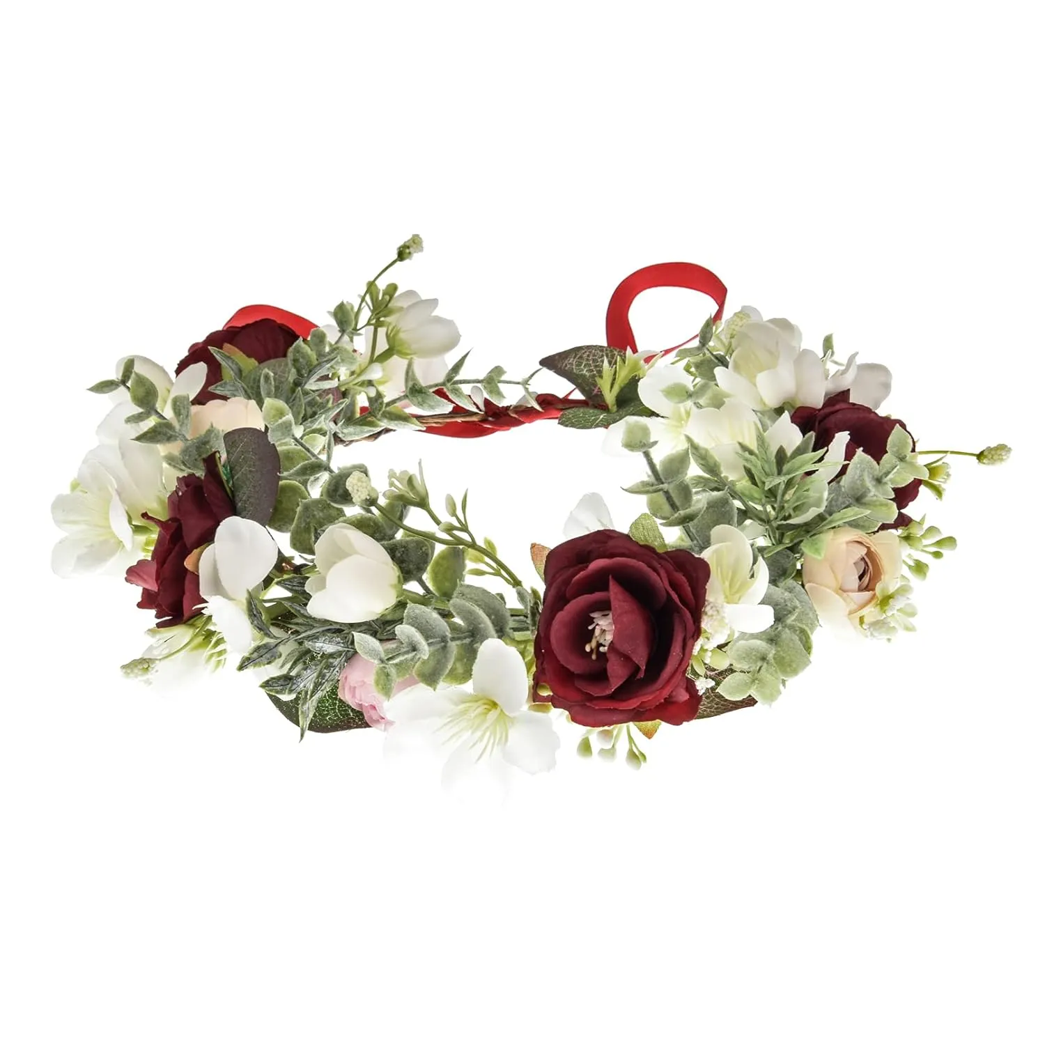 DDazzling Flower Girl Crown Bridal Flower Crown Pregnant Woman Photo Prop (Green Leaf and Burgundy White Flower)