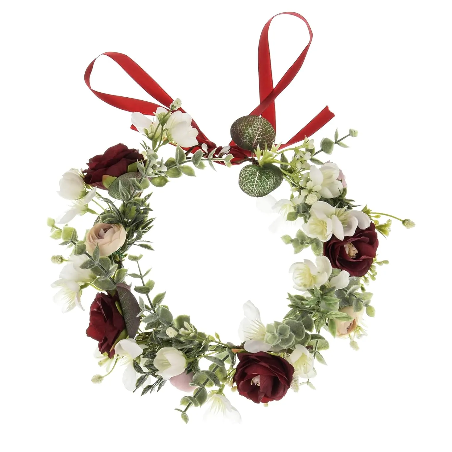 DDazzling Flower Girl Crown Bridal Flower Crown Pregnant Woman Photo Prop (Green Leaf and Burgundy White Flower)