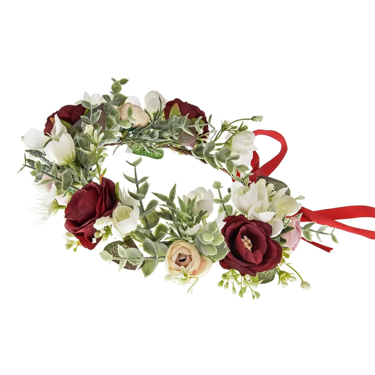 DDazzling Flower Girl Crown Bridal Flower Crown Pregnant Woman Photo Prop (Green Leaf and Burgundy White Flower)