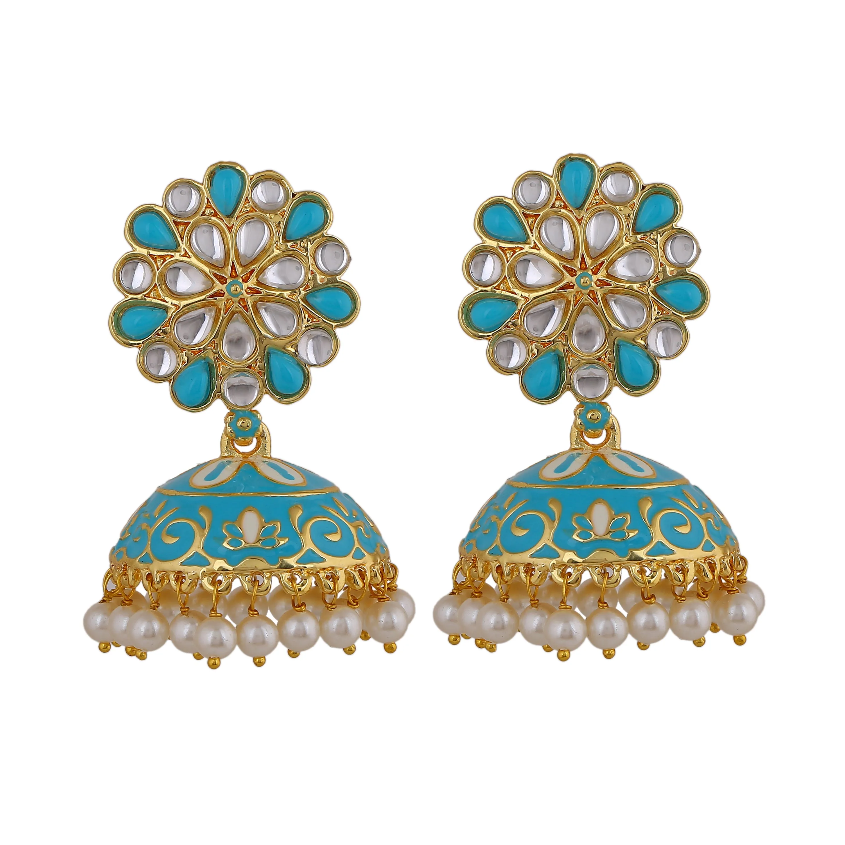 Estele Gold Plated Beautiful Blue Meenakari Traditional Kundan Jhumka Earrings with Pearls for Women