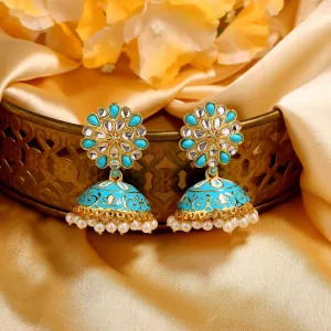 Estele Gold Plated Beautiful Blue Meenakari Traditional Kundan Jhumka Earrings with Pearls for Women