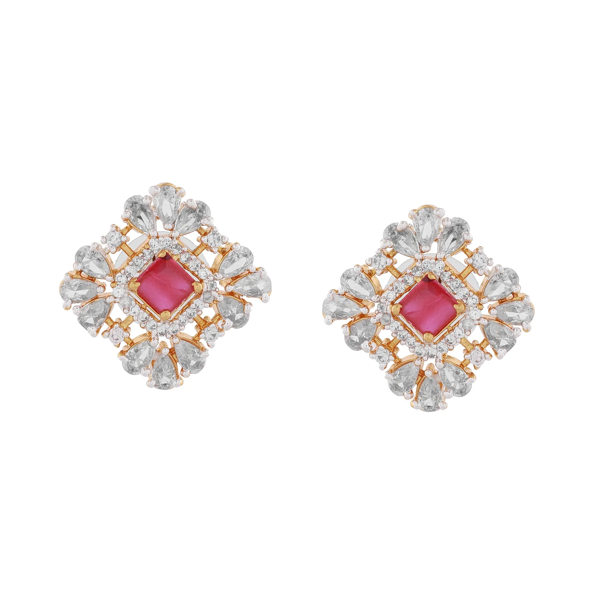Estele Gold Plated CZ Sparkling Square Designer Earrings for Women