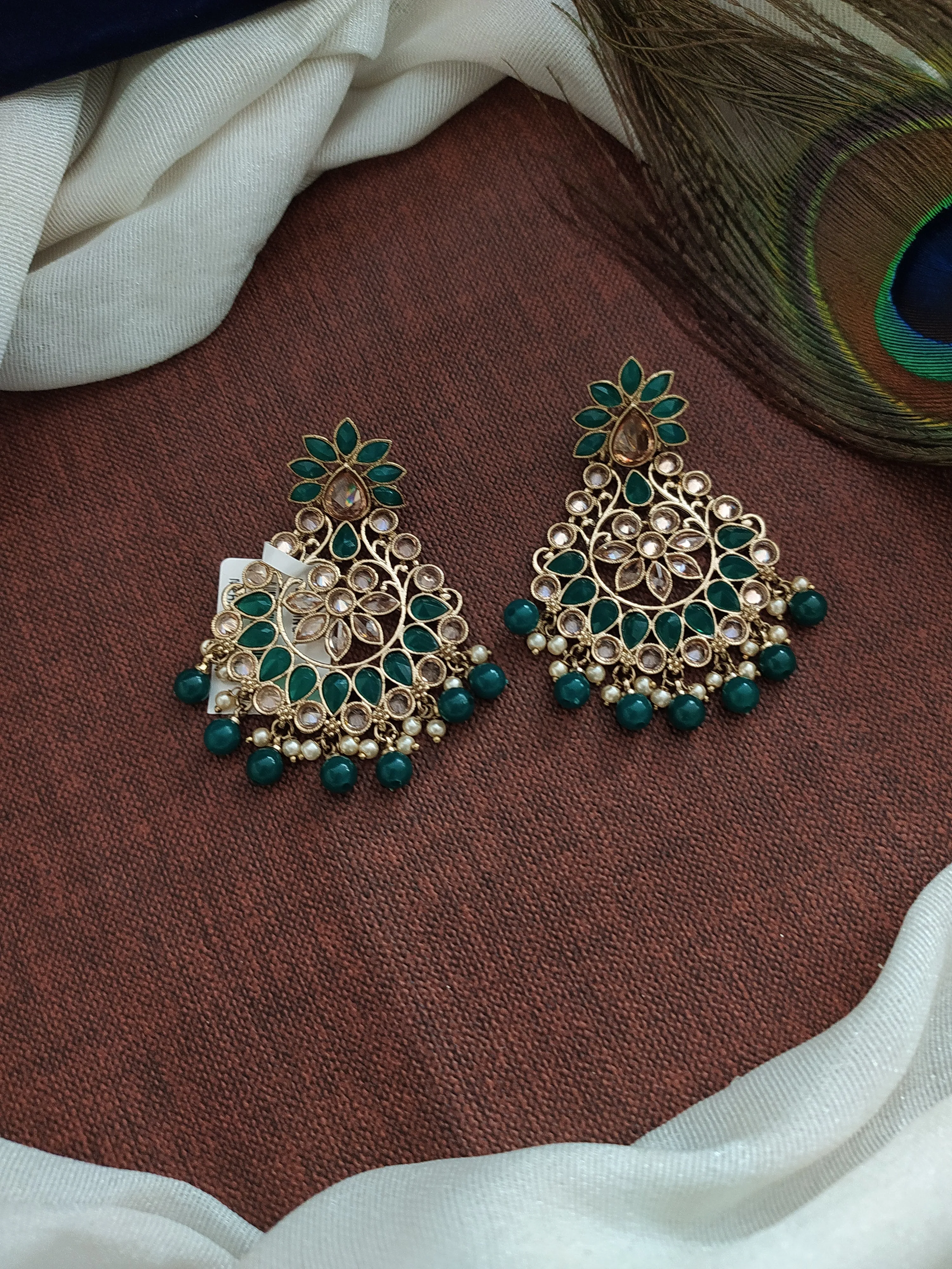Floral Design Traditional Mehandi Style Earrings with pearl Drops