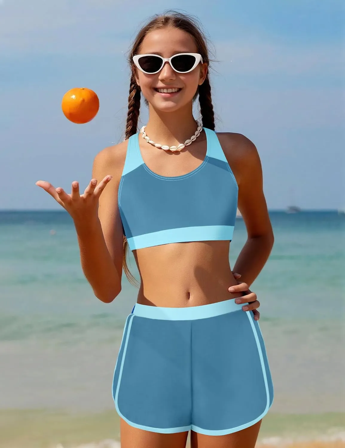 Girls Bikini 3PCS Swim Sets Color Block Crop Top Briefs with Shorts for 7-16 Years
