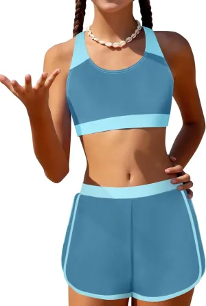 Girls Bikini 3PCS Swim Sets Color Block Crop Top Briefs with Shorts for 7-16 Years