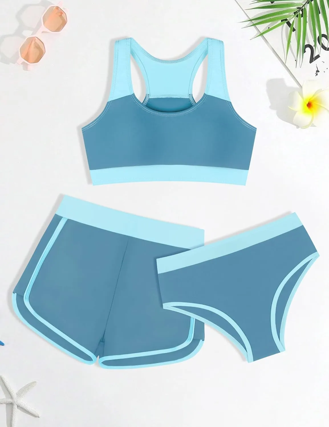 Girls Bikini 3PCS Swim Sets Color Block Crop Top Briefs with Shorts for 7-16 Years