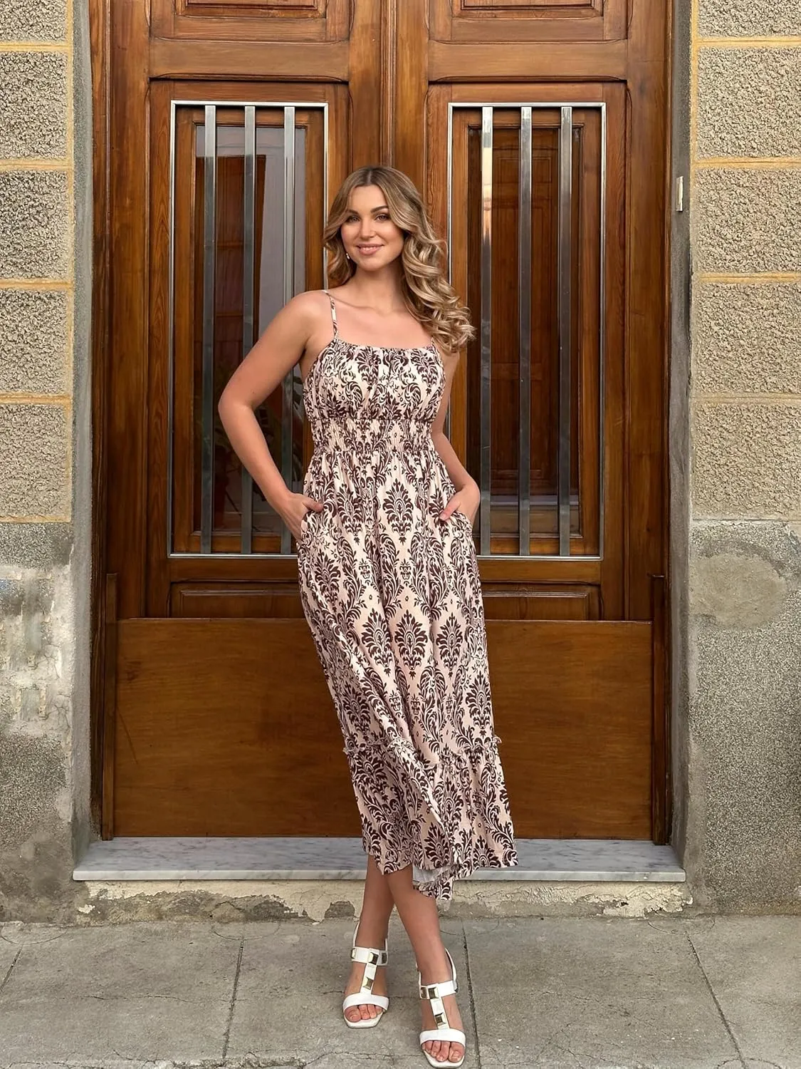 GRACE KARIN Womens 2025 Summer Maxi Dress Sleeveless Floral Spaghetti Strap Smocked Boho Beach Long Dress with Pockets