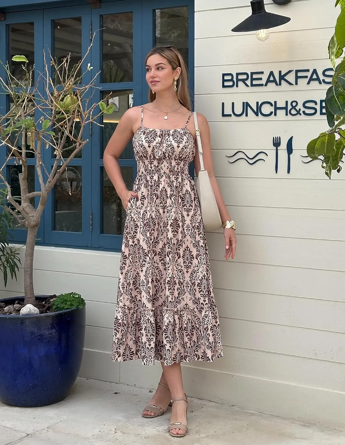 GRACE KARIN Womens 2025 Summer Maxi Dress Sleeveless Floral Spaghetti Strap Smocked Boho Beach Long Dress with Pockets