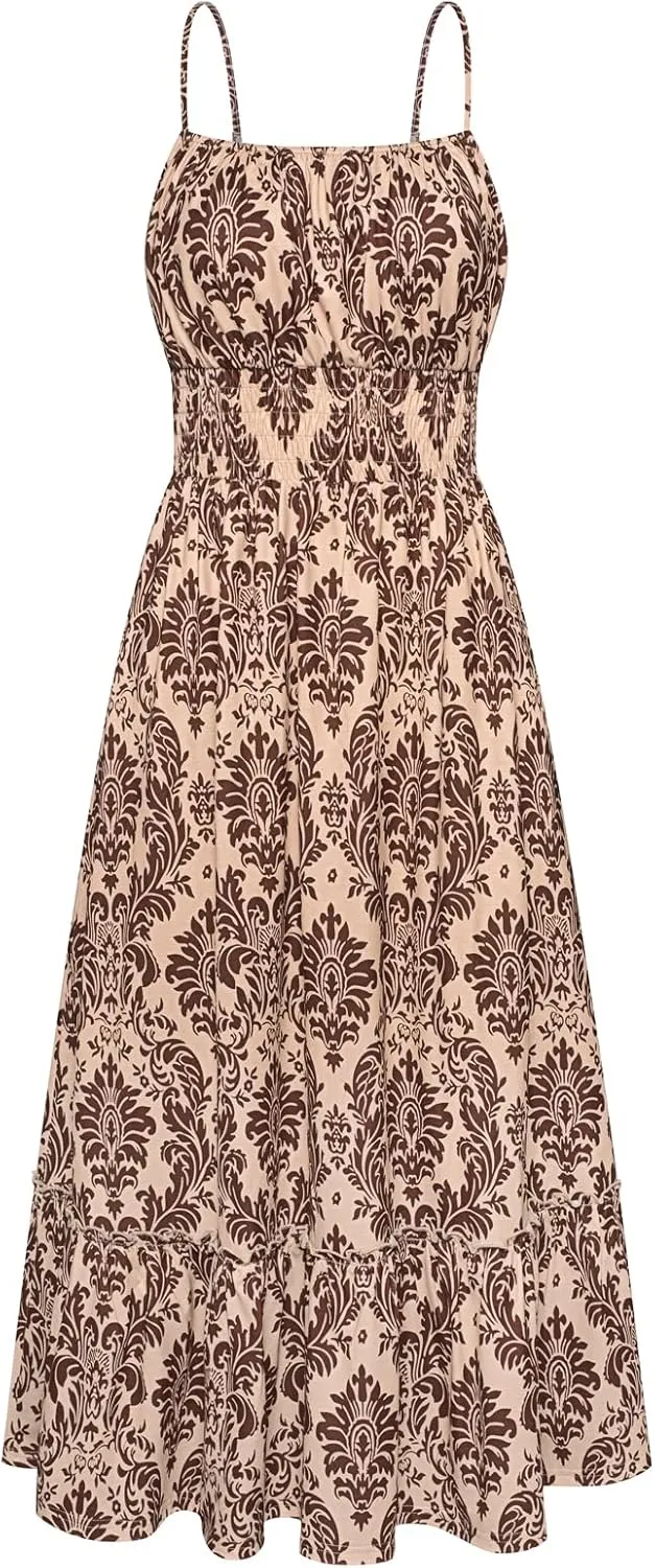GRACE KARIN Womens 2025 Summer Maxi Dress Sleeveless Floral Spaghetti Strap Smocked Boho Beach Long Dress with Pockets