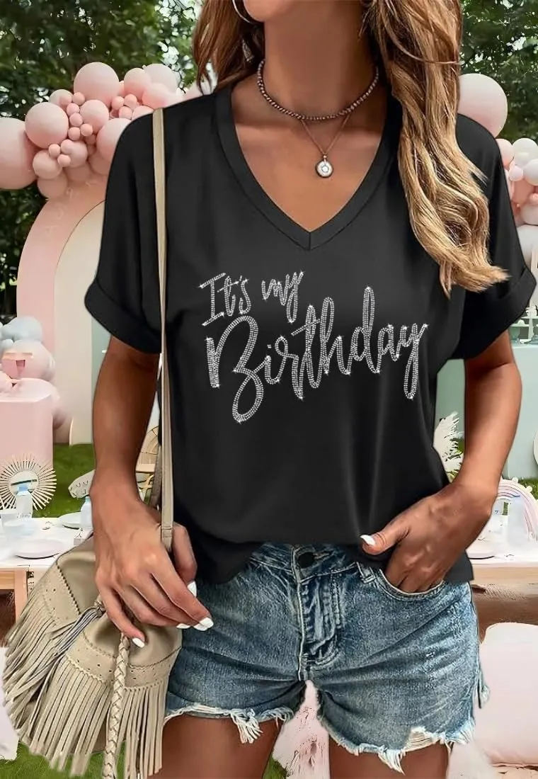 Happy Birthday V Neck Shirt for Women Funny Birthday Girl Graphic Tee Birthday Party Gift Causal Letter Printed Tops