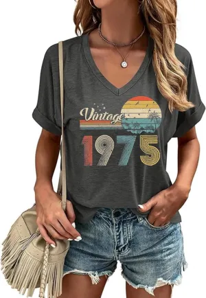 Happy Birthday V Neck Shirt for Women Funny Birthday Girl Graphic Tee Birthday Party Gift Causal Letter Printed Tops