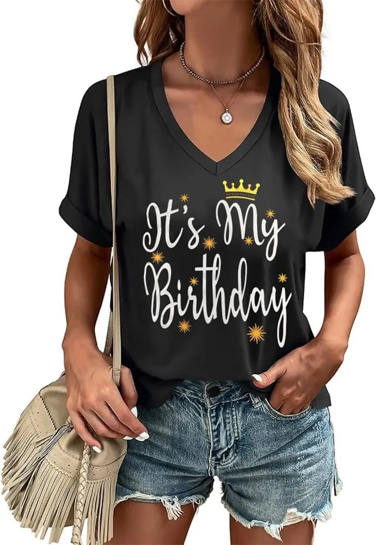 Happy Birthday V Neck Shirt for Women Funny Birthday Girl Graphic Tee Birthday Party Gift Causal Letter Printed Tops