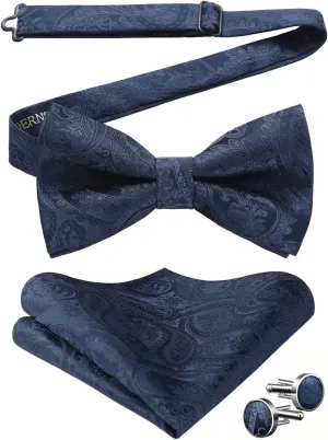 HISDERN Bow Ties for Men Pretied Bow Tie Set Paisley Classic Bowties and Pocket Square Cufflinks Set for Wedding Party