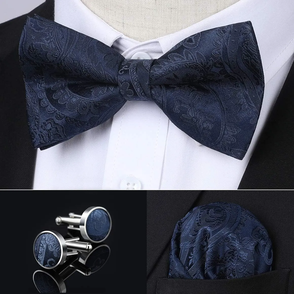 HISDERN Bow Ties for Men Pretied Bow Tie Set Paisley Classic Bowties and Pocket Square Cufflinks Set for Wedding Party