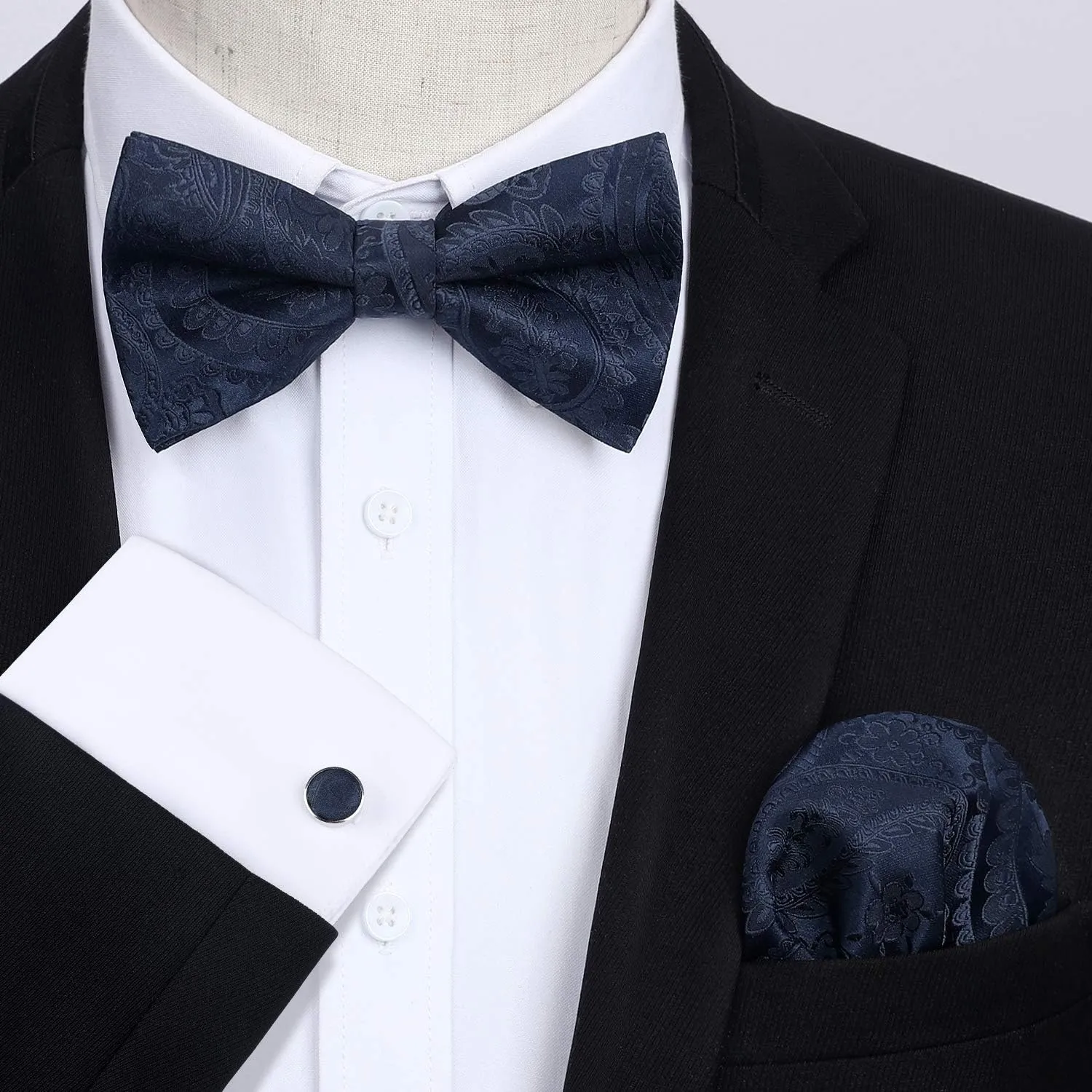 HISDERN Bow Ties for Men Pretied Bow Tie Set Paisley Classic Bowties and Pocket Square Cufflinks Set for Wedding Party