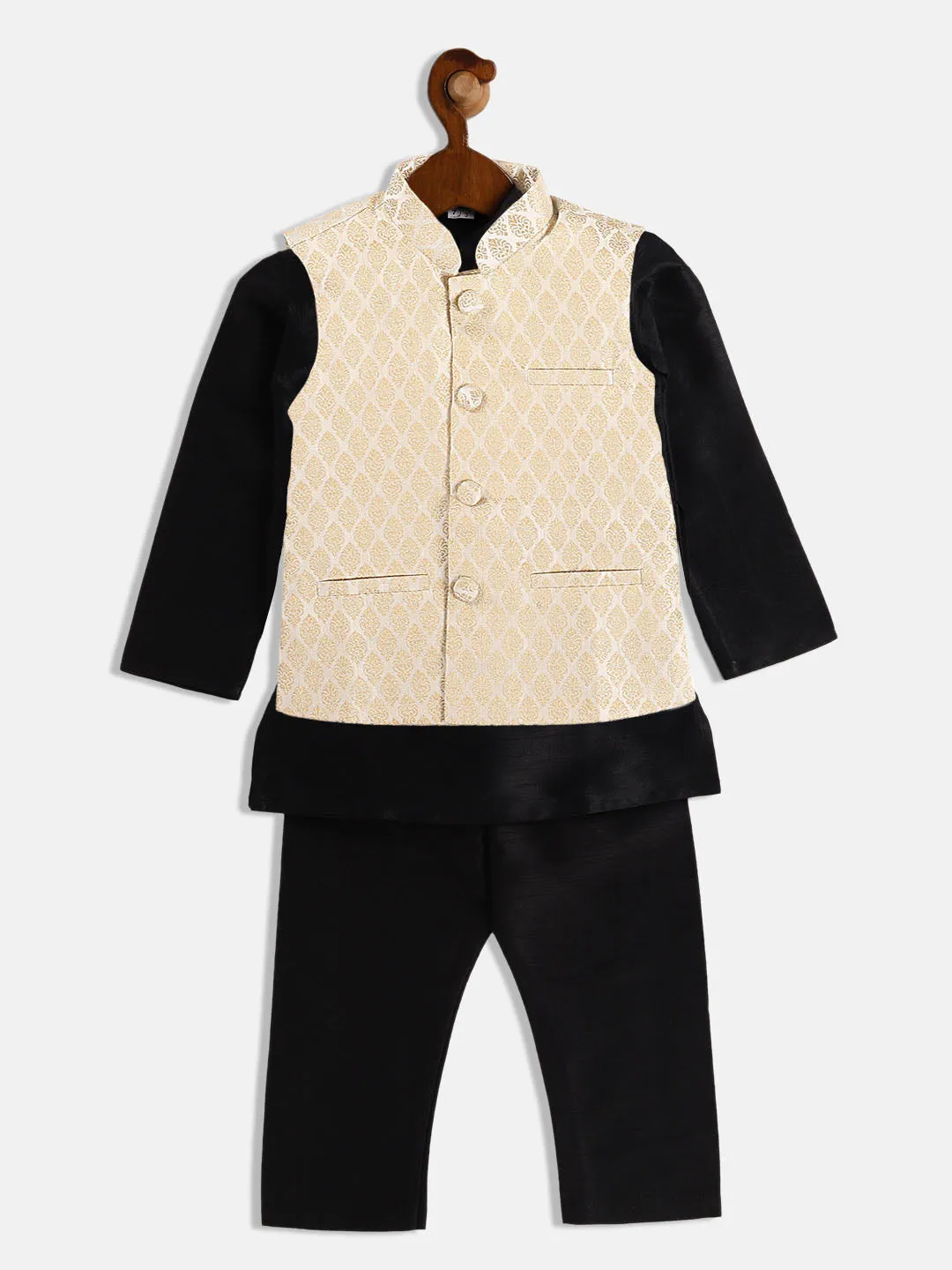 Jashvi Boy's Cream Woven Design Slim Fit Nehru Jacket And Black Kurta Pyjama Set