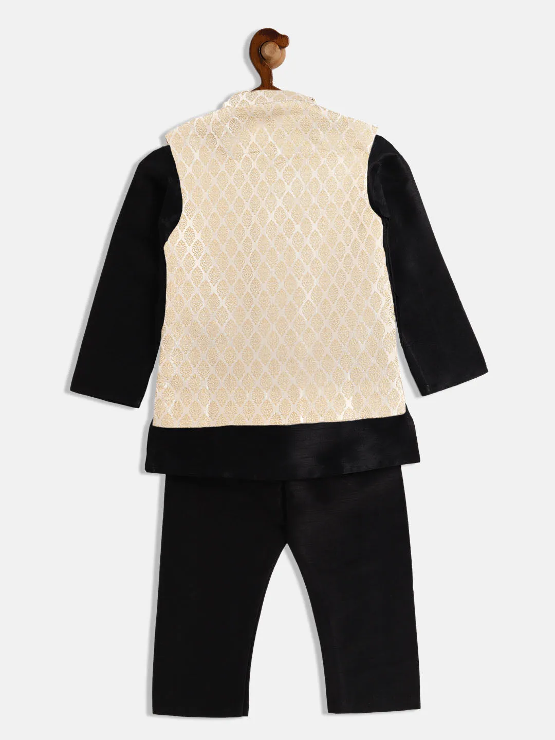 Jashvi Boy's Cream Woven Design Slim Fit Nehru Jacket And Black Kurta Pyjama Set
