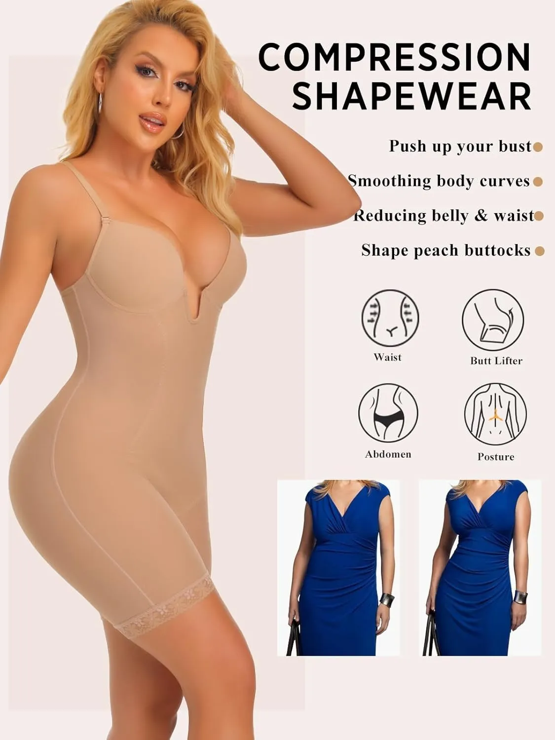 JOYSHAPER Bodysuit for Women Tummy Control Deep U Plunge Shapewear Backless Full Body Shaper Strapless Corset Body Suit Top