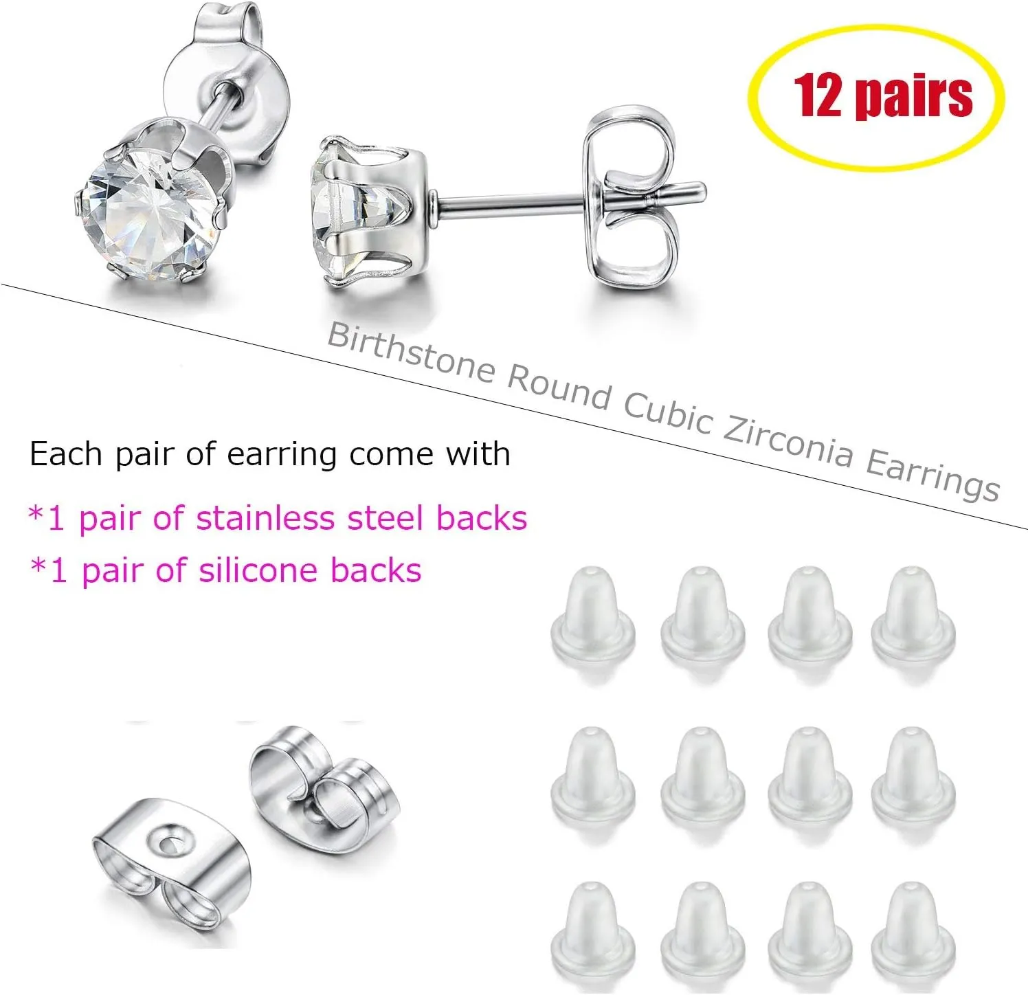 Jstyle Hypoallergenic Stud Earrings for Women Men Surgical Stainless Steel Birthstone Earrings Studs Colorful Cubic Zirconia Earrings Set Womens small Stud Post Earrings for Sensitive Ears