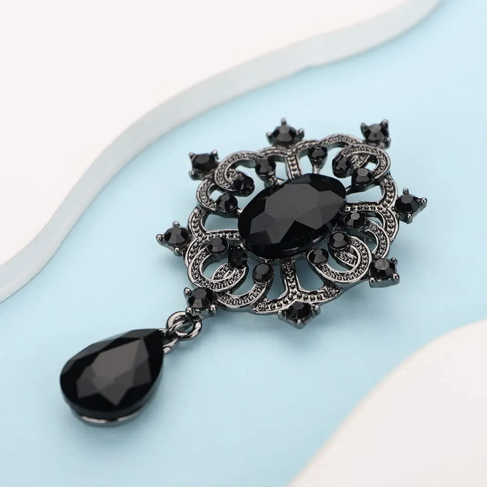 Kercisbeauty Suit Vintage Black Rhinestones Brooch for Men Women Special Occasion Sparkle Teardrop Brooches (Black)