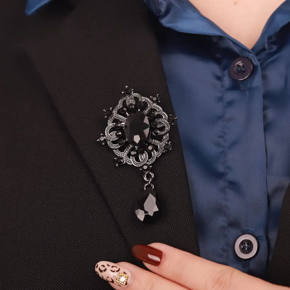 Kercisbeauty Suit Vintage Black Rhinestones Brooch for Men Women Special Occasion Sparkle Teardrop Brooches (Black)