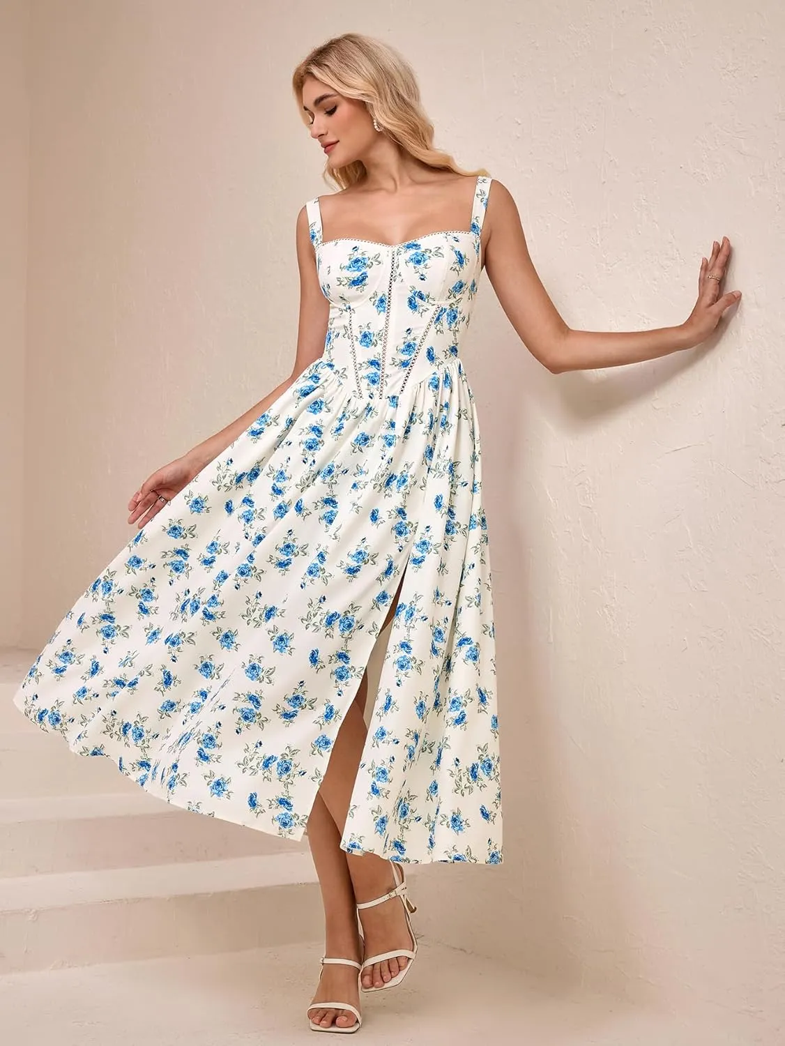 KUTUMAI Floral Corset Midi Dress Flowy Slit Summer Spring Wedding Guest Dresses for Women Sundress with Pockets