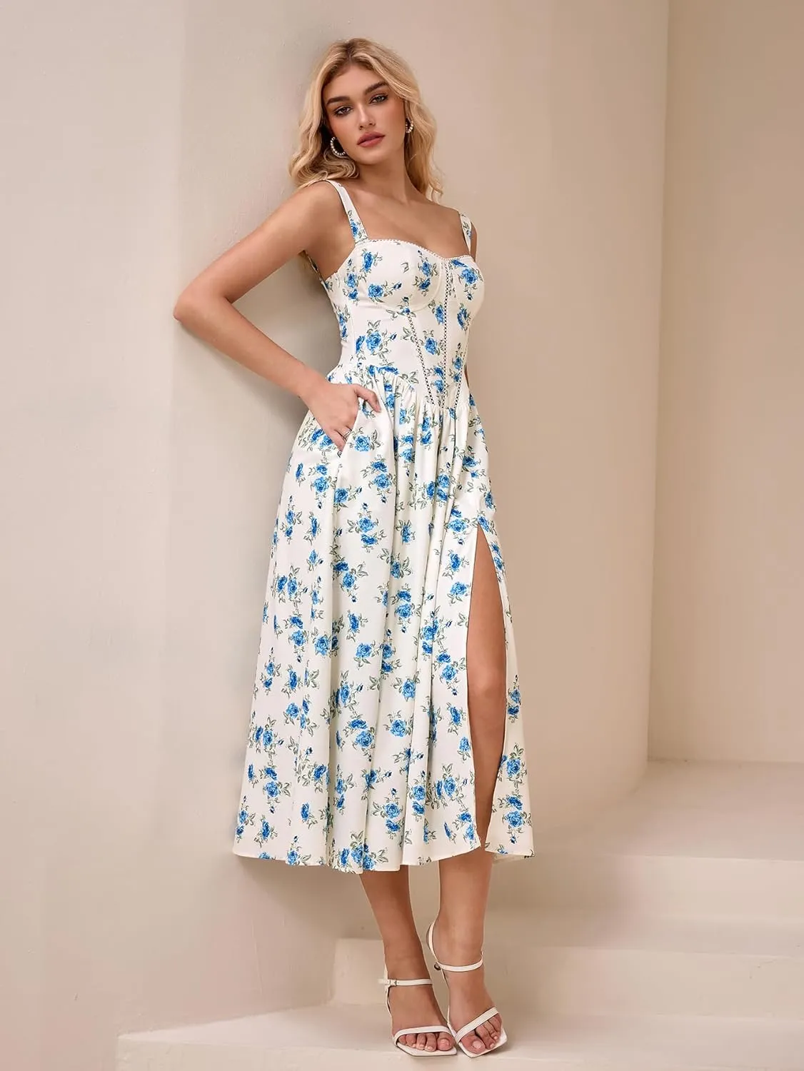 KUTUMAI Floral Corset Midi Dress Flowy Slit Summer Spring Wedding Guest Dresses for Women Sundress with Pockets