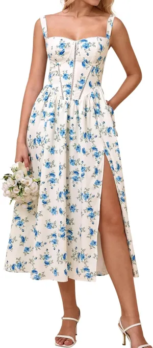 KUTUMAI Floral Corset Midi Dress Flowy Slit Summer Spring Wedding Guest Dresses for Women Sundress with Pockets