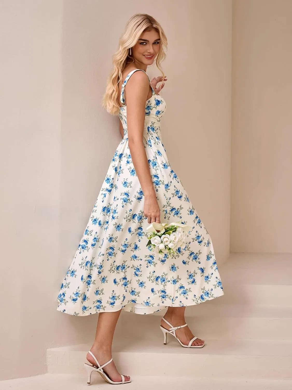 KUTUMAI Floral Corset Midi Dress Flowy Slit Summer Spring Wedding Guest Dresses for Women Sundress with Pockets