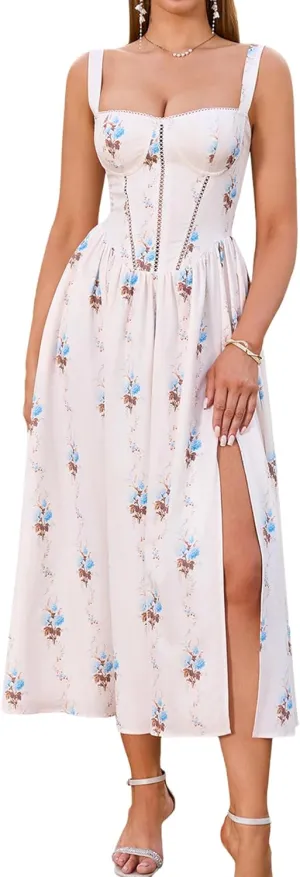 KUTUMAI Floral Corset Midi Dress Flowy Slit Summer Spring Wedding Guest Dresses for Women Sundress with Pockets