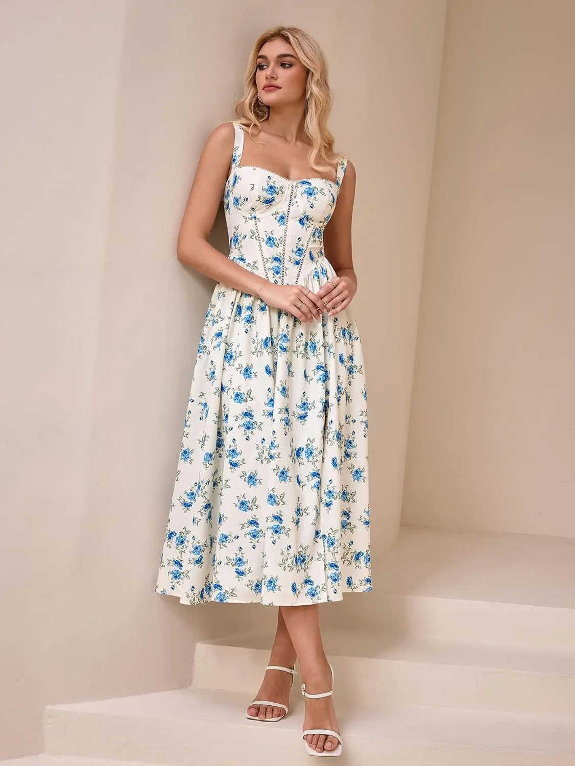 KUTUMAI Floral Corset Midi Dress Flowy Slit Summer Spring Wedding Guest Dresses for Women Sundress with Pockets