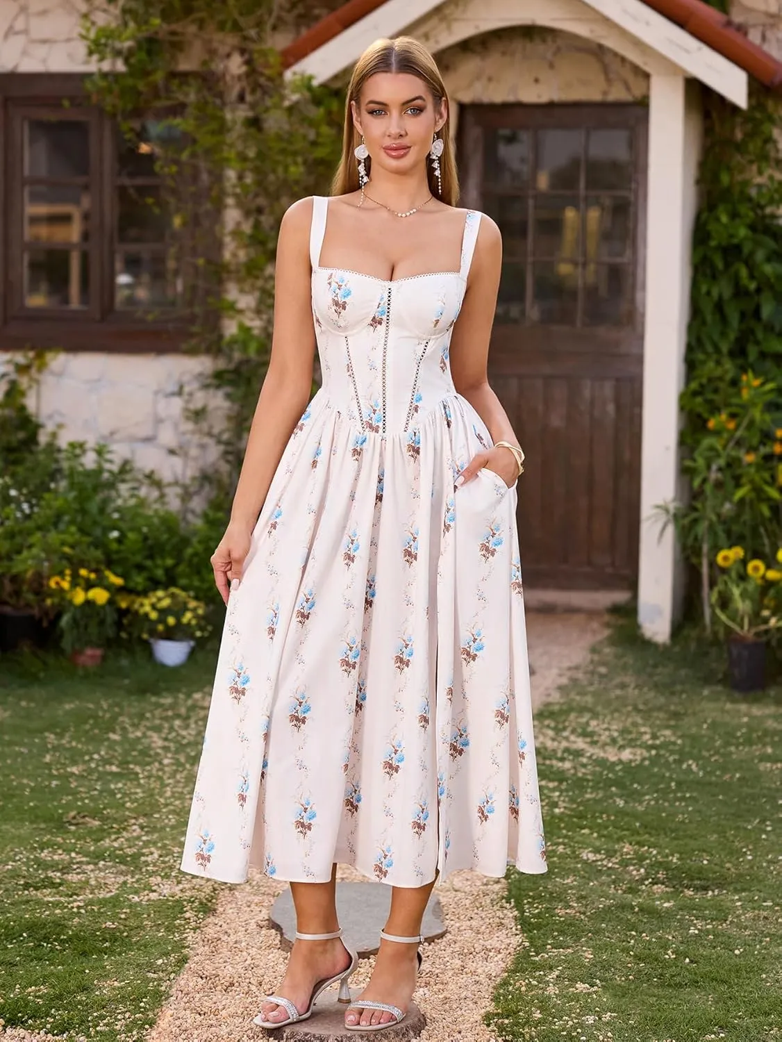 KUTUMAI Floral Corset Midi Dress Flowy Slit Summer Spring Wedding Guest Dresses for Women Sundress with Pockets