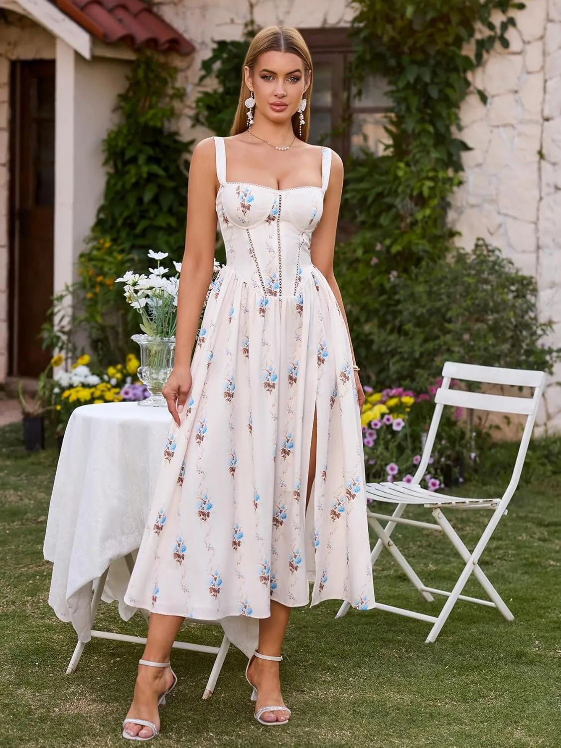 KUTUMAI Floral Corset Midi Dress Flowy Slit Summer Spring Wedding Guest Dresses for Women Sundress with Pockets
