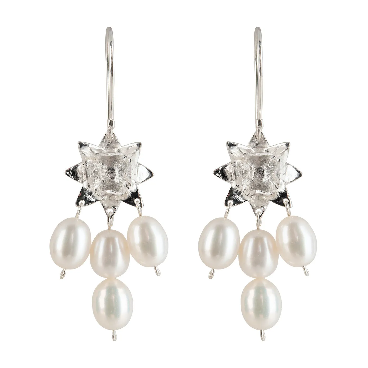 Lotus Dawn Pearl Earrings - Silver