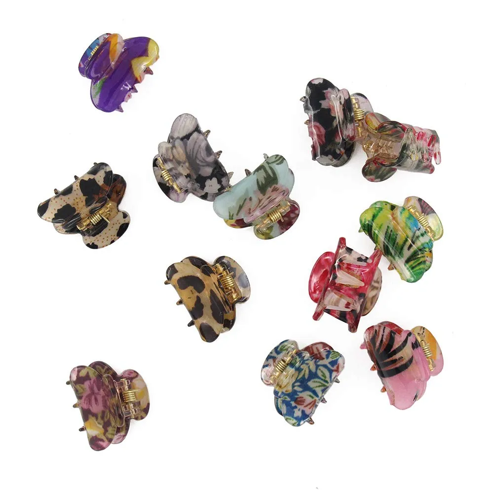 Mini 1.2 inch Plastic No-Slip Grip Jaw Hair Clip,Floral Printed Small Acrylic Hair Claw Clips for Girls and Women,Pack of 12