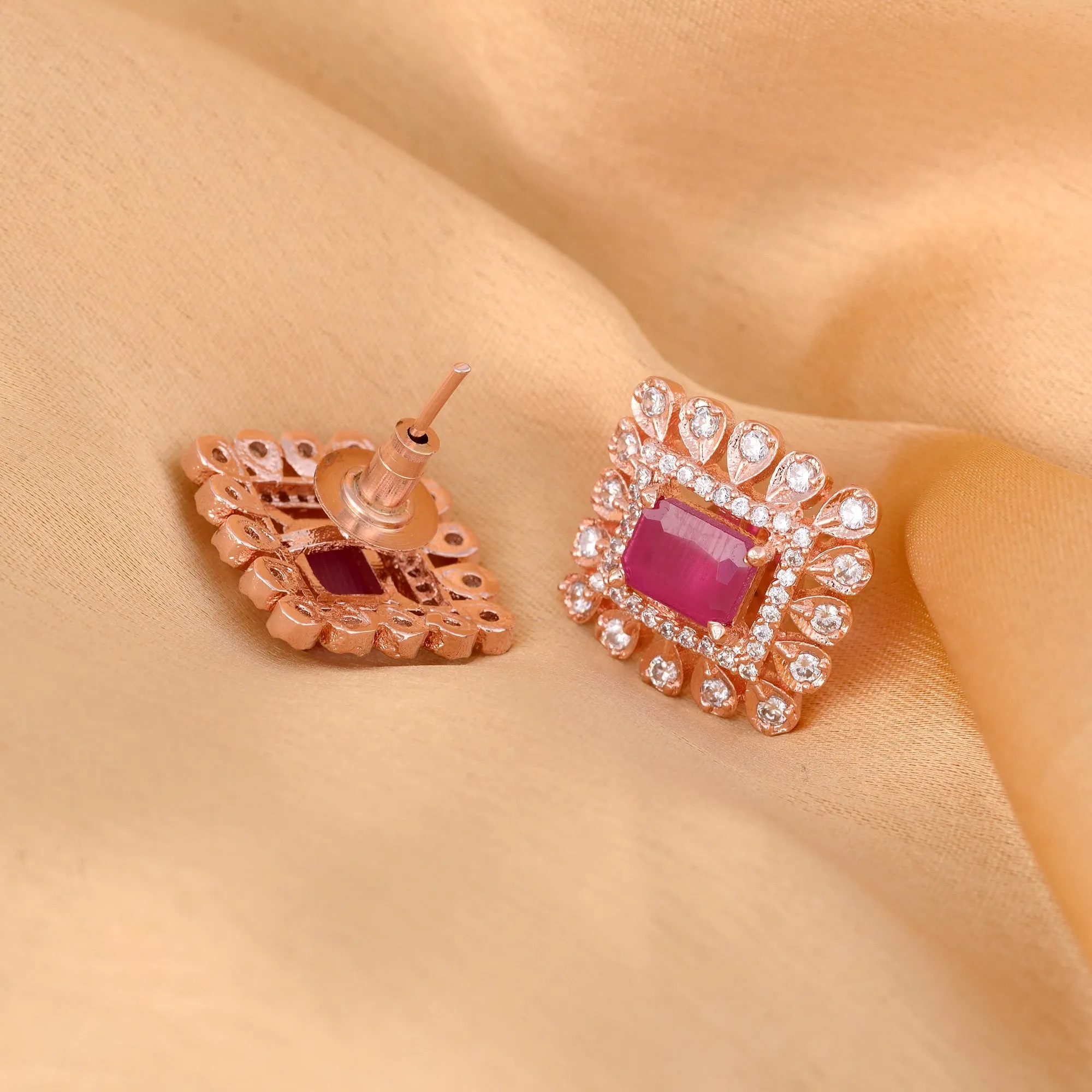 Modern Square Shaped Pink Tops Rose Gold Plated Studs Ad Studded Small Earrings for Women and Girls - Saraf RS Jewellery