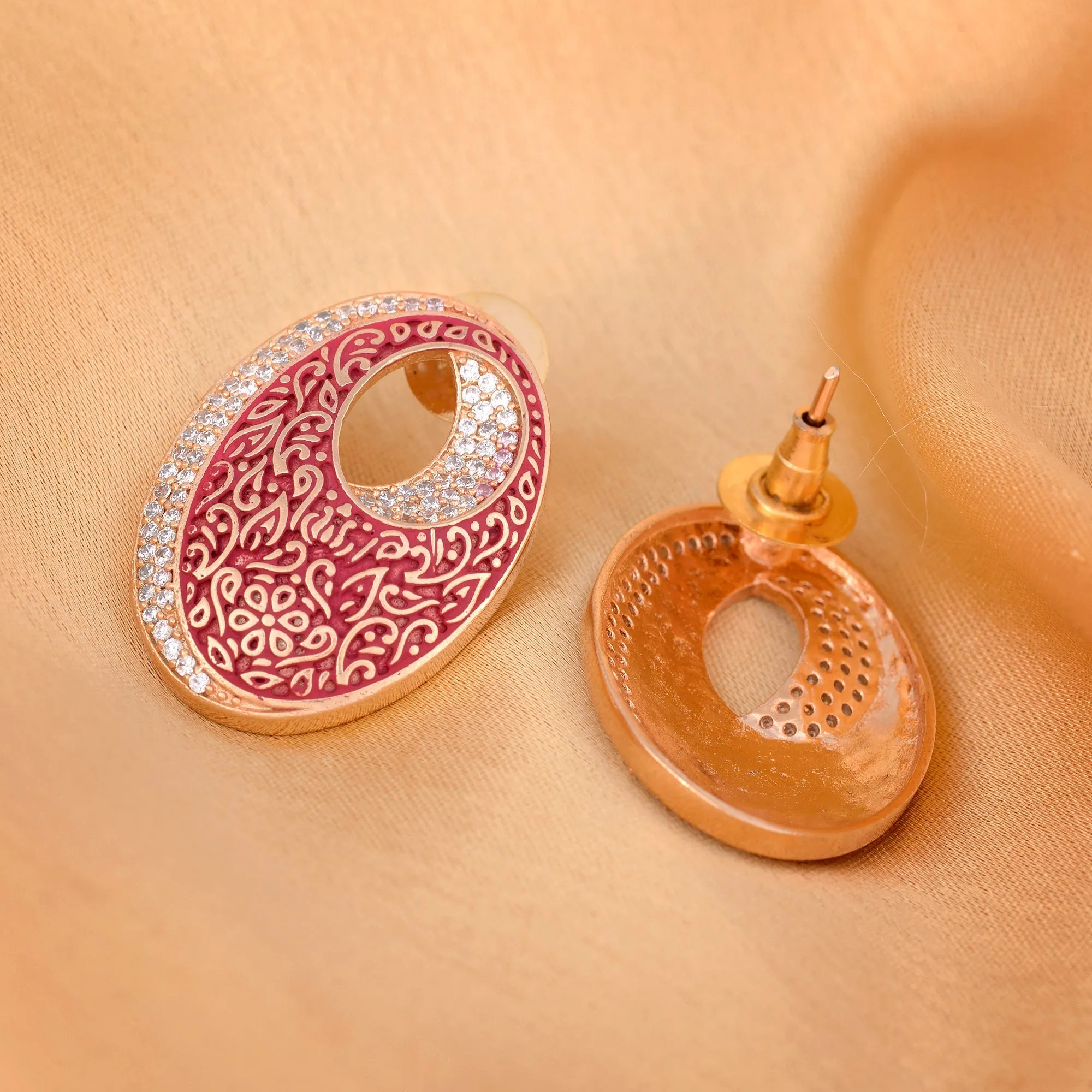 Oval Red Meenakari Small Earrings High Quality Enamelled Rose Gold Plated for Women and Girls - Saraf RS Jewellery